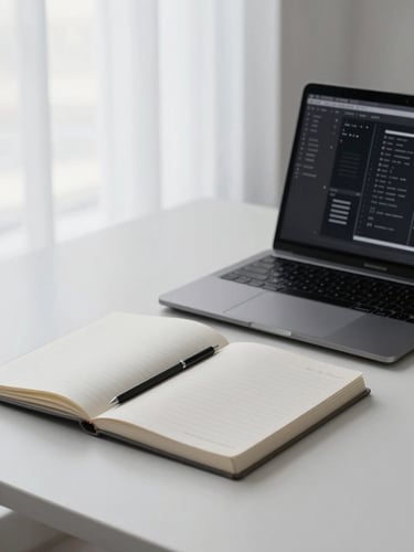 Minimalist clean desk setup with an open notebook, a sleek laptop showing digital wireframes, soft diffused window light, cool grey tones