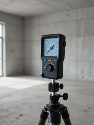 Close-up of a sound level meter and measurement microphone on a tripod stand inside an empty concrete room under construction—cool diffuse natural light, technical equipment in sharp focus, bare walls visible in background