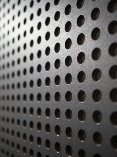 Extreme close-up architectural detail of a perforation pattern on a metal acoustic panel—precisely punched circular holes in powder-coated charcoal steel, cool raking light from the upper left casting micro-shadows inside each perforation, sharp focus on the grid geometry