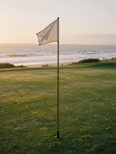 Close-up editorial photograph of a coastal golf course green overlooking the ocean at sunset, soft golden glow, weathered wooden flagstick, gentle ocean mist, 35mm photography