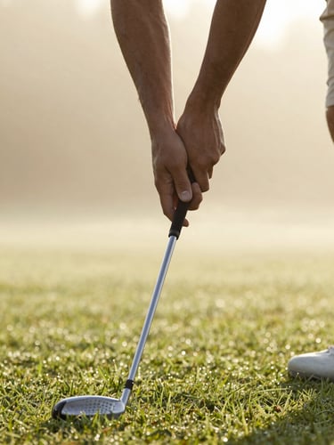 A close-up of a golfer's hands holding a club with relaxed grip tension, soft morning dew on the grass below, warm natural light, editorial 35mm.