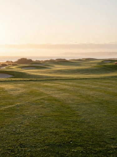 Wide panoramic view of a misty coastal golf course at sunrise, soft golden-hour light, dew on the fairway, unhurried atmosphere, 35mm photography