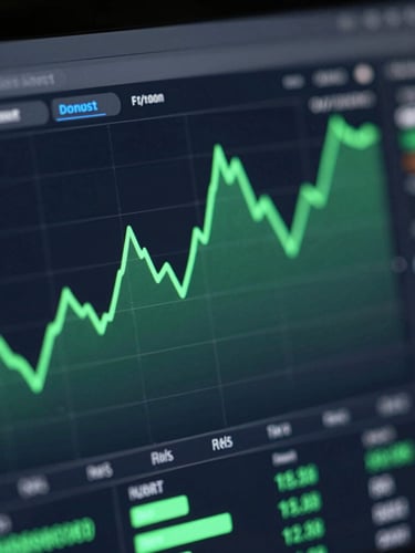 Close-up macro of a dark mode analytics dashboard with green trend lines rising, cool screen glow, high-end tech aesthetic.