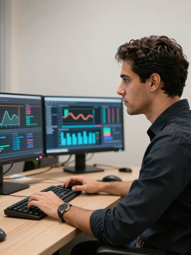 Retrato profissional de Alefe Frutuoso de perfil em seu escritório minimalista, iluminação suave vinda de monitores com gráficos de dados, atmosfera técnica e focada.