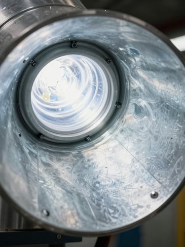Macro close-up of a metal air duct interior, bright cool LED work light illuminating clean galvanized steel surfaces, sharp focus on metallic texture.