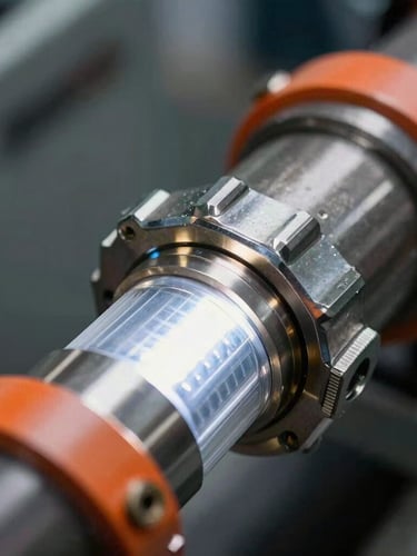 Macro shot of a heavy-duty industrial extraction hose connected to a dryer vent line, high-contrast cool LED work light illuminating the metal connection, safety orange accents on the machinery.