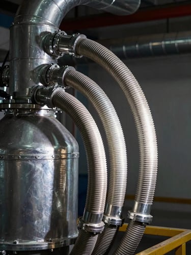 Close-up of industrial negative pressure extraction equipment, heavy-duty flexible hoses connected to a residential duct system, sharp LED work lights illuminating the metallic surfaces, high-contrast utility style.
