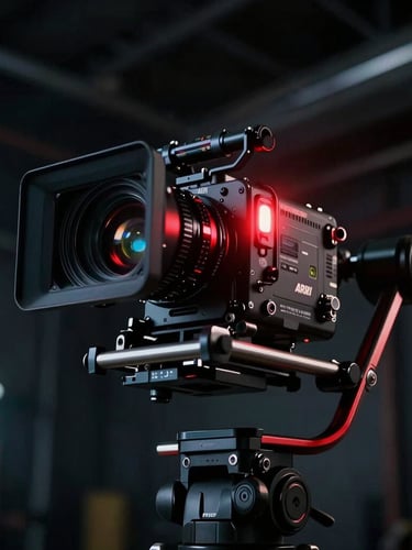 Low-angle close-up of an Arri Alexa camera rig on a stabilized gimbal, glowing red tally light, anamorphic lens flare, dark industrial studio background, 35mm.