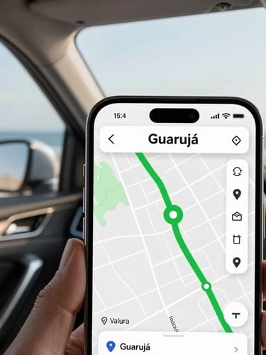 Over-the-shoulder shot of a clean mobile app interface showing a map of Guarujá, high-visibility green route line, inside a clean modern car interior with soft coastal daylight coming through the windows.