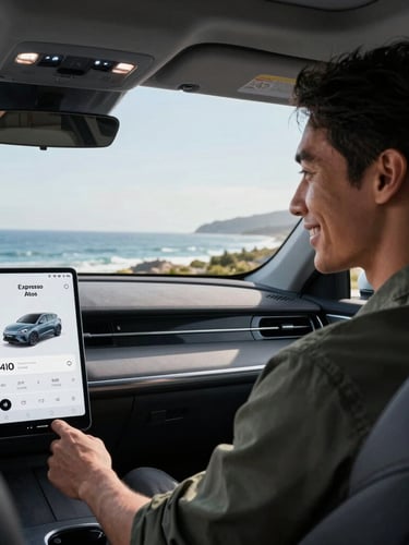 Over-the-shoulder shot of a modern car interior, a professional local driver smiling, looking at the Expresso Atos mobile app mounted on the dashboard, coastal daylight filtering through the window.