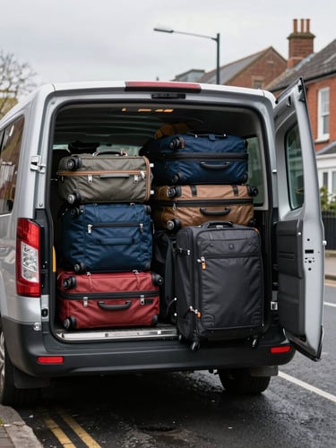 Close environmental shot, a row of large holiday suitcases being loaded into the open rear of a modern clean minibus parked on a quiet Liverpool residential street, natural overcast British morning light, hands visible mid-lift, no faces, bags clearly full and holiday-ready