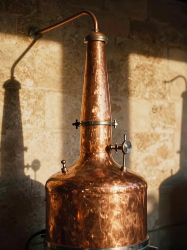 An authentic copper alambic still inside a regional French distillery, warm golden hour light casting long shadows on stone walls, shallow depth of field.