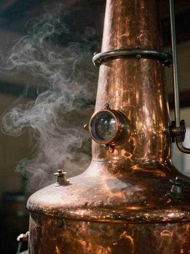 Close-up of a gleaming copper still in a rustic French distillery, warm side lighting, soft steam rising, shallow depth of field