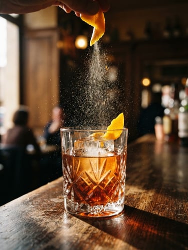 Close-up of a crystal cocktail glass with a single clear ice cube, orange zest expressing oils in a dramatic side-lit historic Lyon interior, 35mm film look.