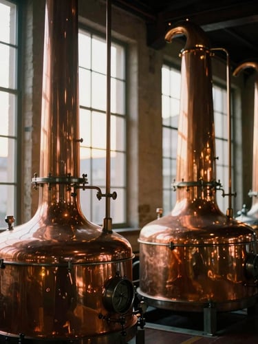 Impressive copper stills in a historic Lyon distillery, golden hour light filtering through high windows, warm metallic reflections
