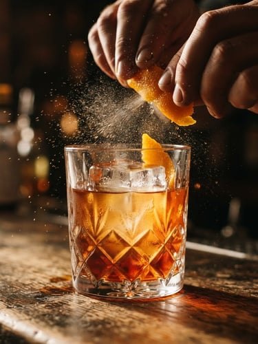 Close-up of a crystal glass with a clear ice cube, an orange zest expressing oils over the cocktail, dramatic side lighting, rich warm tones, shallow depth of field, 35mm film look