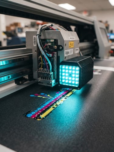 Macro photograph of UV curing lamp on a large format printer head, intense neon cyan light curing fresh ink on a textured substrate