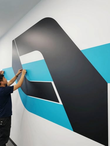 Wide environmental shot of professional installers applying a large matte black and cyan vinyl graphic to a modern office wall, clean lines