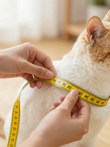 Close-up of hands gently measuring a cat's chest with a soft yellow measuring tape, warm natural light, cozy home setting