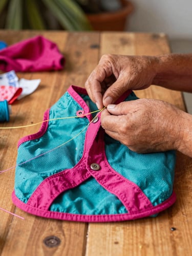 Hands carefully stitching a colorful teal and magenta dog vest in a warm, sunlit Mexican family workshop, fabrics and threads scattered on a wooden table, 35mm photography.