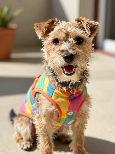 Close-up of a happy small terrier dog wearing a colorful handmade vest, sitting on a sunny patio, warm natural light, shallow depth of field.