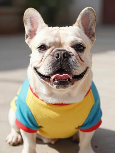 Bright warm photography, natural daylight, a happy French Bulldog wearing a colorful handmade shirt, looking at the camera, eye-level pet portrait, 35mm