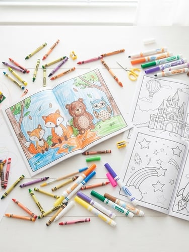 Cheerful flat-lay of open children's coloring books, crayons and markers scattered around, bright high-key natural daylight, soft airy shadows, clean white background, top-down view.