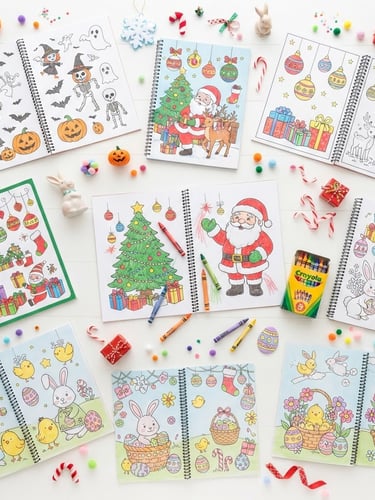 Bright, high-key flat-lay of assorted children's holiday coloring books (Christmas, Halloween, Easter) with crayons and festive decorations on a white background, soft natural daylight.