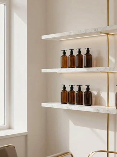 Minimalist luxury salon interior, clean off-white walls, marble shelves with premium amber glass bottles, soft natural window light, elegant gold accents, 35mm editorial photography