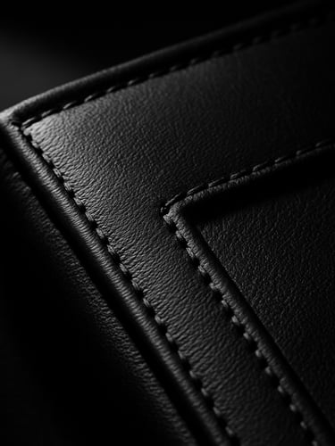 Close-up macro shot of pristine black leather textures and structural edges of an executive folio, sharp directional studio light casting deep shadows