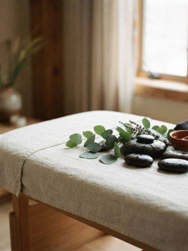 Wide portrait of smooth river stones and botanical elements on a treatment table, soft diffused window light, shallow depth of field, muted natural tones, 35mm film texture, right third composition.