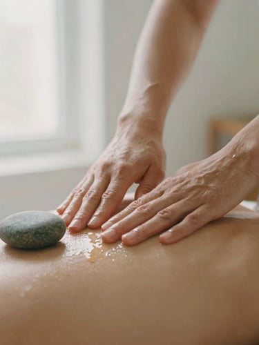 Close-up of hands applying deliberate pressure with natural oils on a client's back, a smooth river stone resting nearby, soft diffused window light, shallow depth of field.