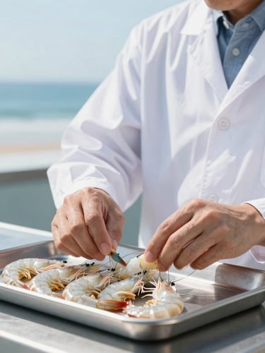 Close-up of a professional quality control inspector in white uniform checking shrimp size and quality on a clean metal tray, bright natural coastal daylight