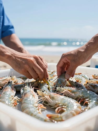 Close-up of hands conducting quality control on fresh shrimp inside a bright, clean Ecuadorian packing plant, natural coastal daylight, sharp focus