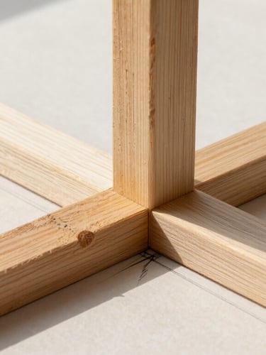 Extreme close-up of a hand-drawn structural sketch showing timber joint details and vertical light shafts, warm draft paper texture, sharp pencil lines.