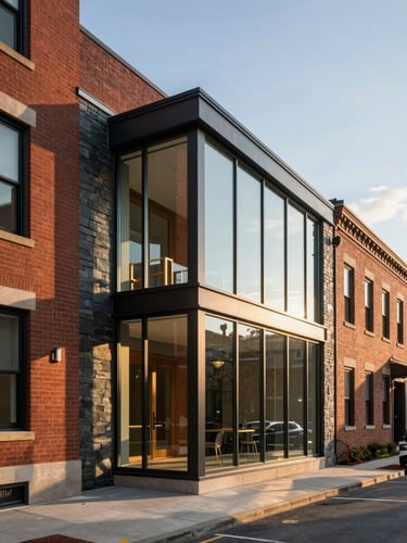 Exterior shot of a modern glass and dark slate addition seamlessly integrated into a historic Providence red brick facade, golden hour light, sharp shadows.