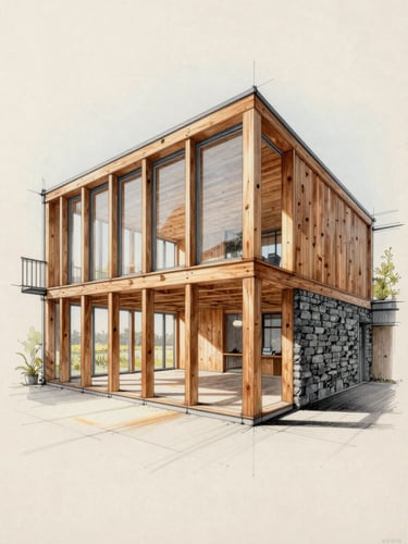A hand-drawn architectural sketch of a modern timber-framed loft addition, showing light rays penetrating from high windows, crisp ink lines on warm paper.