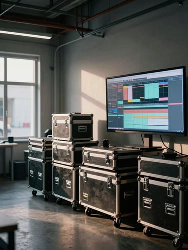 Dramatic, high-contrast cinematic photograph of a clean, modern industrial office space at Ruppel Productions HQ, with camera equipment cases stacked neatly, a large monitor displaying a production schedule, and a subtle view of a vehicle bay through a window. Cool-toned industrial lighting, deep shadows, warm highlights, 35mm lens.