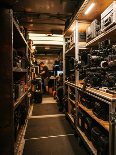 Wide shot of organized high-end camera rigs and grip equipment inside a modern, well-lit production truck bay, cinematic film photography, high-contrast natural light, industrial grit, deep shadows with warm highlights, 35mm lens, subject slightly off-center to the right, with ample negative space on the left