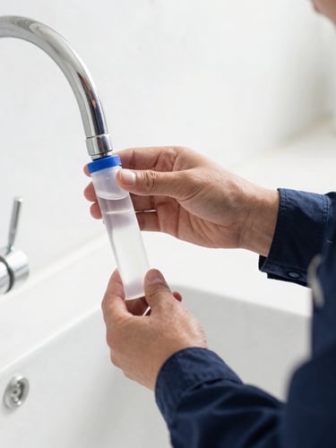 Close-up of a professional technician in a clean uniform collecting a water sample from a residential kitchen tap into a sterile vial, bright high-key natural light, 35mm.