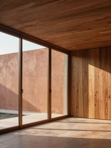 Minimalist concrete and wood residence in Gávea, large glass facades, soft natural daylight, elegant shadows, warm architectural photography