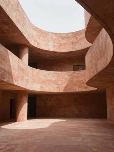 Wide environmental shot of contemporary high-end architecture, minimalist concrete curves with soft shadows, warm terracotta and sand tones, diffused natural daylight, elegant architectural geometry.