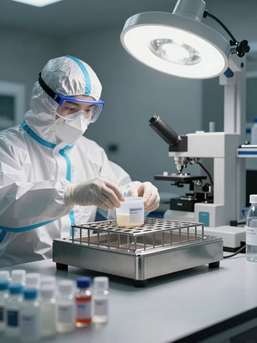 Wide laboratory workstation shot from the left, certified technician in PPE placing a sealed sample container into a stainless steel rack under bright shadowless studio lighting, labeled vials in the foreground, clinical gray background