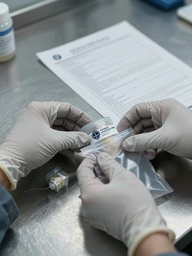 Close-up of a certified technician's gloved hands placing a sealed sample container into a chain-of-custody evidence bag on a stainless steel lab bench, documentation form visible in background, shadowless studio lighting, cool gray and silver tones