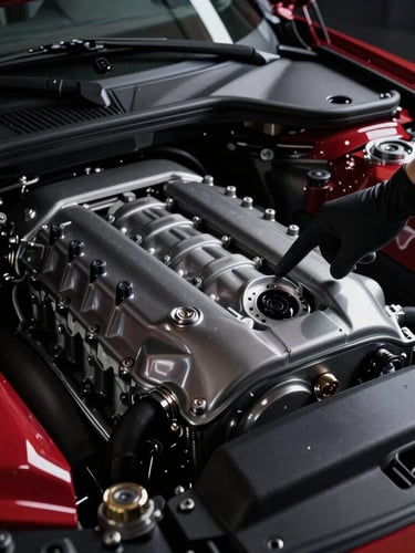 Detailed macro shot of a luxury car engine bay, pristine and polished, with a technician's gloved hand pointing to a certified component, low-key studio lighting, sharp reflections.