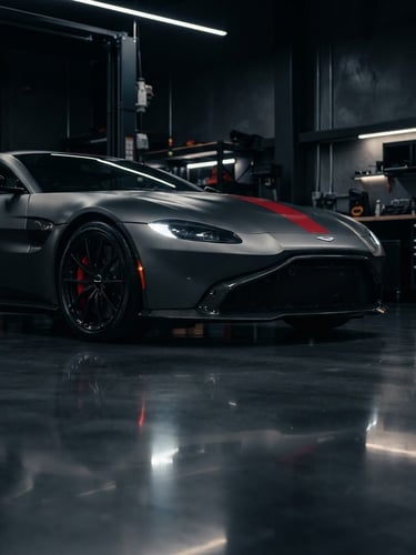 Dramatic low-angle shot of a pristine luxury car in a modern, dark showroom service bay, sharp reflections on polished floor, low-key studio lighting, deep graphite and crimson tones, 35mm prime lens