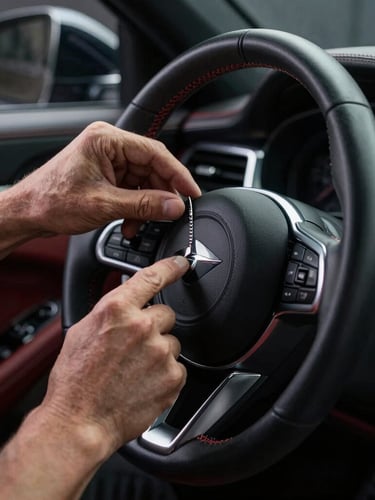 Tight macro detail of a master technician's hands inspecting the stitched leather steering wheel of a luxury car, low-key studio lighting, deep graphite tones, sharp reflections, 35mm prime lens