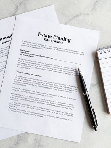 Close-up overhead flat-lay of estate planning documents on a light marble surface, a pen resting beside handwritten notes, diffuse natural daylight, ordered and calm