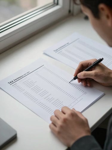 Hands reviewing a tax efficiency report on a clean desk under north-facing window light, papers organized in columns, detail-oriented framing, no faces visible