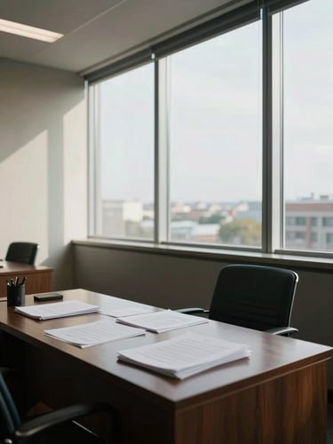Wide interior of a quiet advisory office, floor-to-ceiling window on the right flooding the room with north-facing daylight, a dark wood desk with neatly arranged documents in the foreground, empty chair, calm and orderly, no people